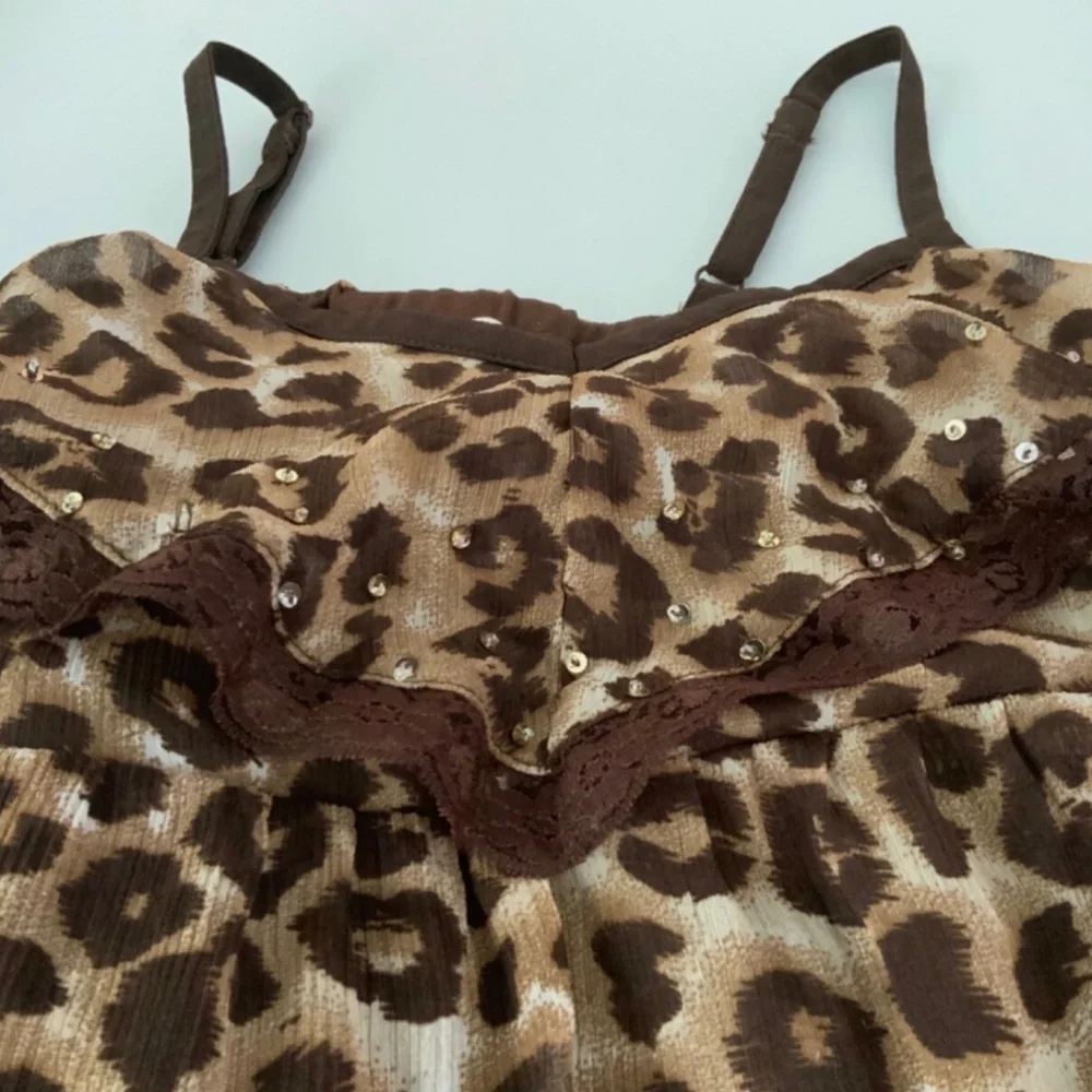 Justice Girl Leopard Tunic Tank Shirt Size M Sleeveless With Lace Sequins